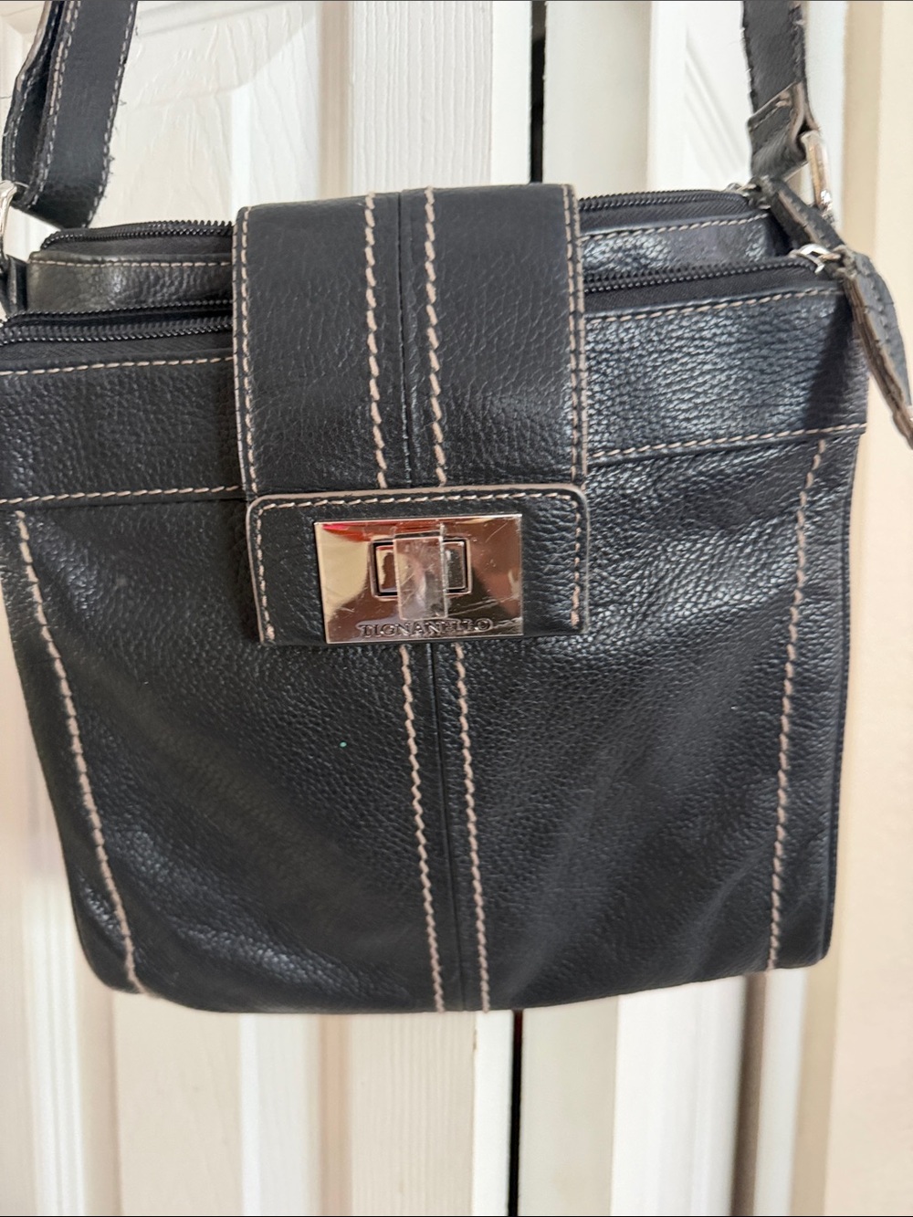 Tianello Black Leather Crossbody with Cream Contrast Stitching